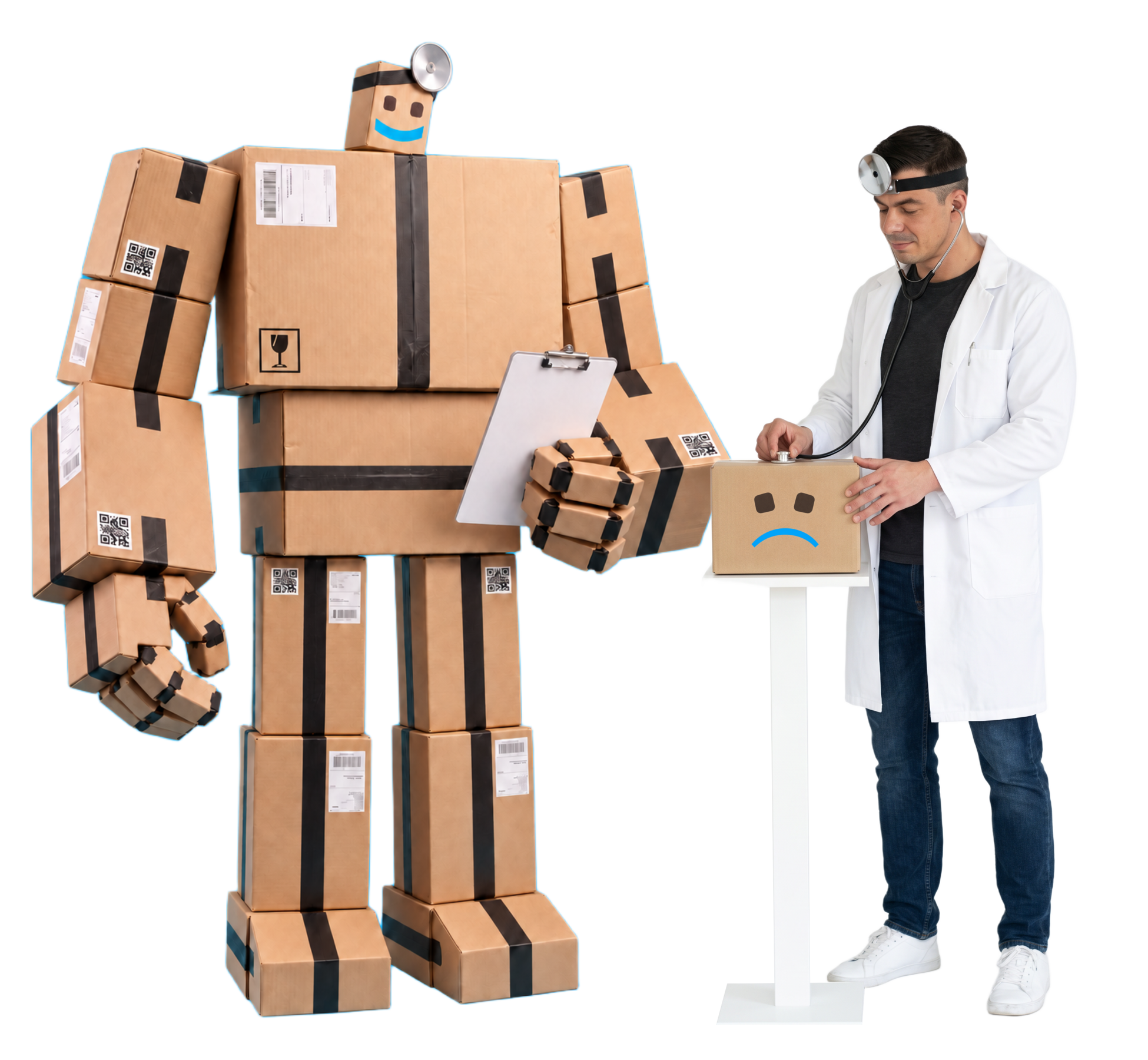 Walter untersucht ein besorgtes Patientenpaket. Kartonroboter Buddy assistiert mit Klemmbrett.